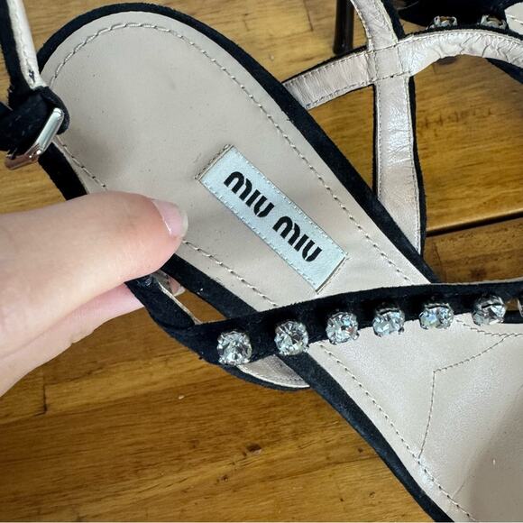 MIU MIU Black Suede Leather Crystal Rhinestone Ankle Strap Kitten Heels 40 - Picture 2 of 6